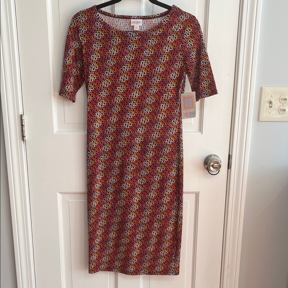 LuLaRoe Red and Yellow Patterned Midi Dress